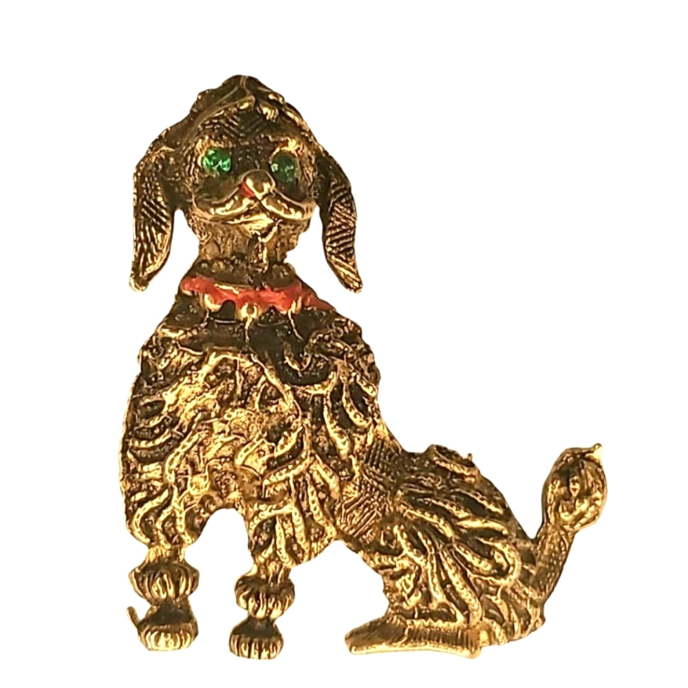 Vintage Gold-Tone Dog Brooch with Bright Green Rhinestone Eyes